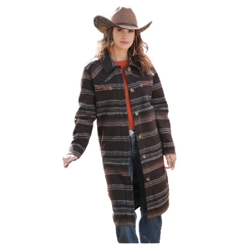 CWJ7454002 Cruel GIrl Women's Sweater Knit Duster - Brown Stripe Plaid Sweater Polka Dot Checkered