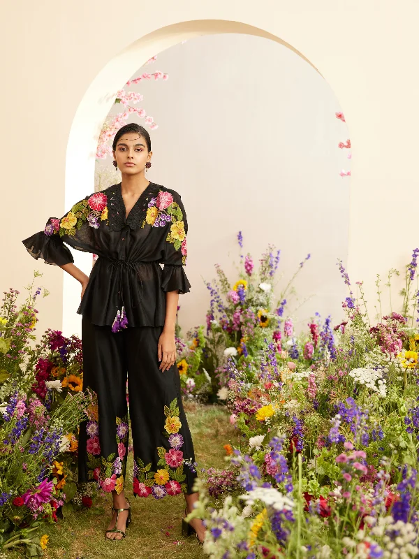 Black Floral Applique Pants Relaxed High-Waist Trousers