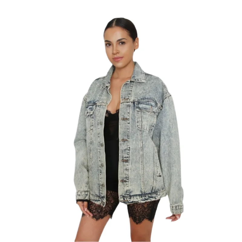 TIC TOC - Oversized Denim Jacket - Acid Blue Trucker Knit Fabric Woven Fabric Fleece Fabric TIC TOC - Oversized Denim Jacket - Acid Blue Trucker Knit Fabric Woven Fabric Fleece Fabric