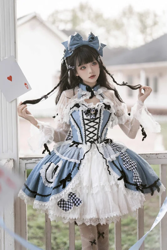 Blue Ruffle Bowknot Lace Sweet Chinese Style Elegant Princess Lolita Skirt (Includes Tops) wool skirt sturdy