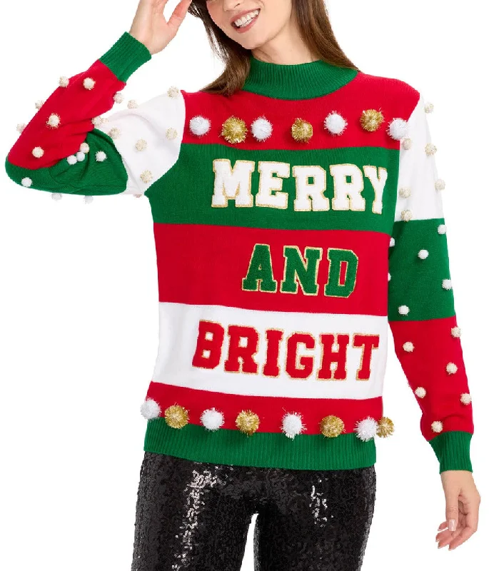 Women's Merry and Bright Turtleneck Christmas Sweater Fitted Loose Oversized