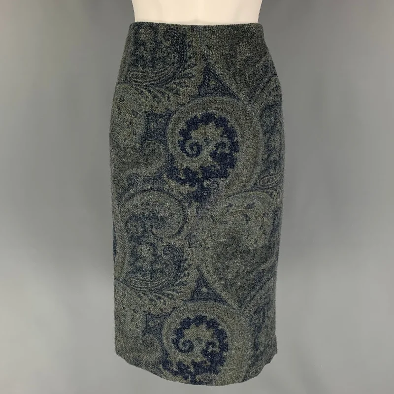 RALPH LAUREN Size 4 Blue Grey Wool Paisley Pencil Below Knee Skirt pleated skirt texture
