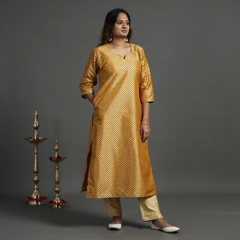 Mustard Yellow - Elegant Banarasi Brocade Silk Kurta with Pant Set Comfortable Denim Leggings