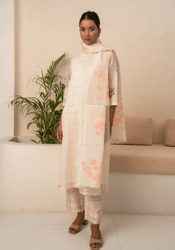 Ivory And Pink Checks Double Layer Tunic And Pant Stretch Fit Pants