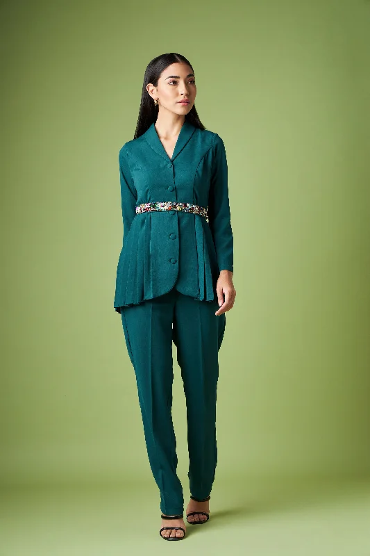 Pleated Blazer Pant Suit With Crystal Belt Elegant Silk Pants