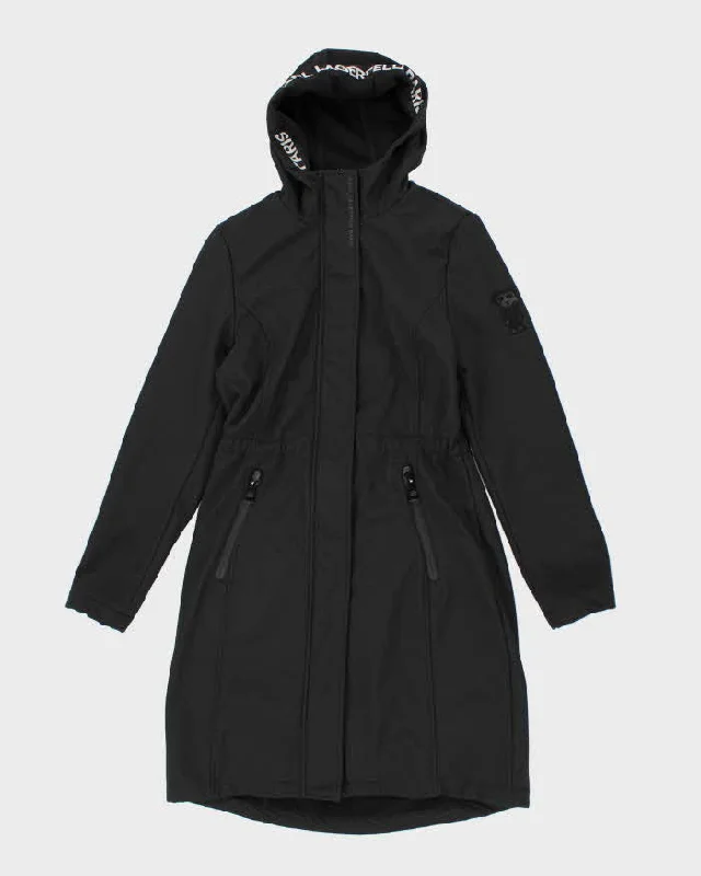 Karl Lagerfeld Black Lined Waterproof Jacket - XS A-Line Jacket Boat Neck Shawl Collar Karl Lagerfeld Black Lined Waterproof Jacket - XS A-Line Jacket Boat Neck Shawl Collar