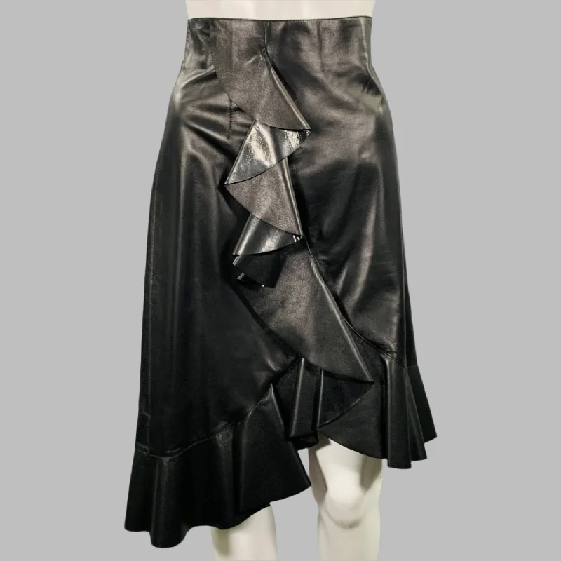 LANVIN 2016 Size M Black Leather Ruffled Lambskin Tulip Knee Length Skirt silk skirt smooth