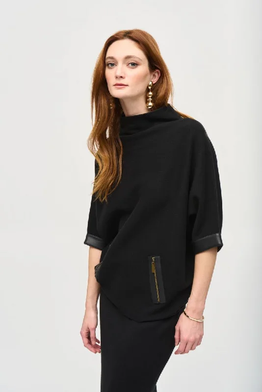 Joseph Ribkoff Black Faux Leather Trim Funnel Neck Sweater Top 243966 Solid Color Striped Floral Print Joseph Ribkoff Black Faux Leather Trim Funnel Neck Sweater Top 243966 Solid Color Striped Floral Print