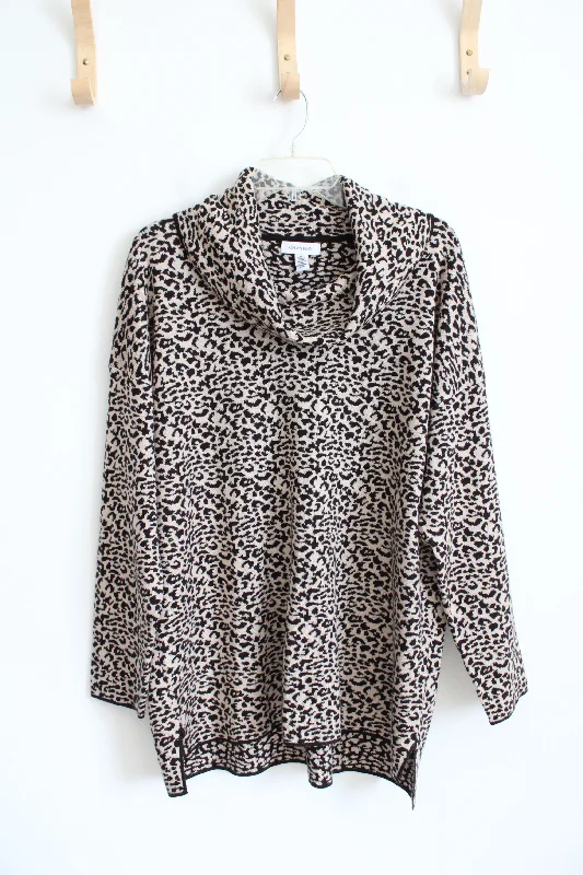 Calvin Klein Brown & Black Leopard Print Cowl Neck Tunic Sweater | XL Wool Fabric Cashmere Fabric Tweed Fabric Calvin Klein Brown & Black Leopard Print Cowl Neck Tunic Sweater | XL Wool Fabric Cashmere Fabric Tweed Fabric