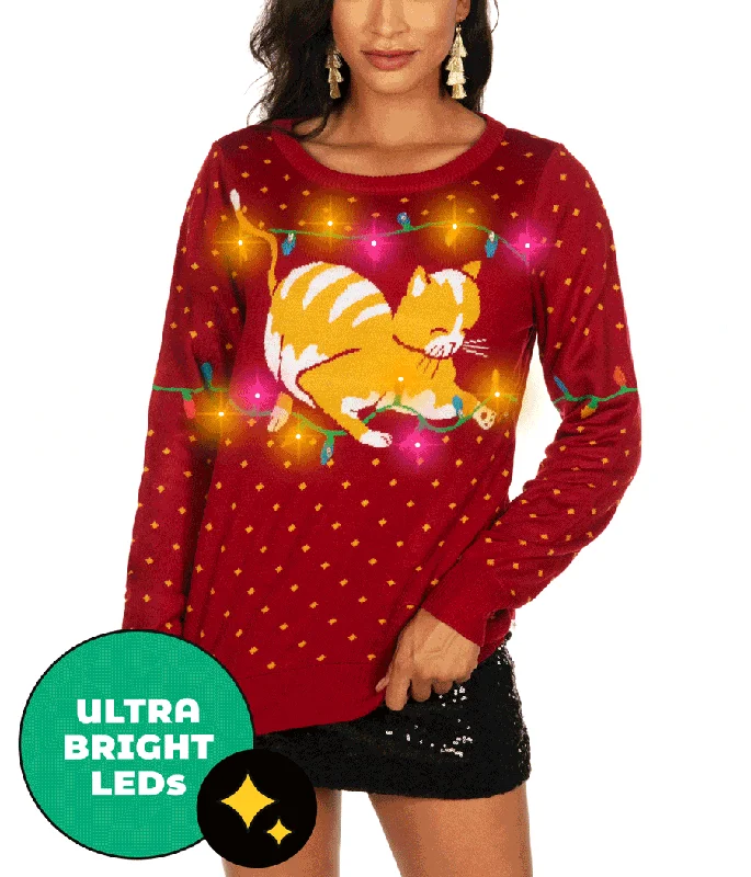 Women's Cat-itude Light Up Ugly Christmas Sweater Chenille Brocade Lace