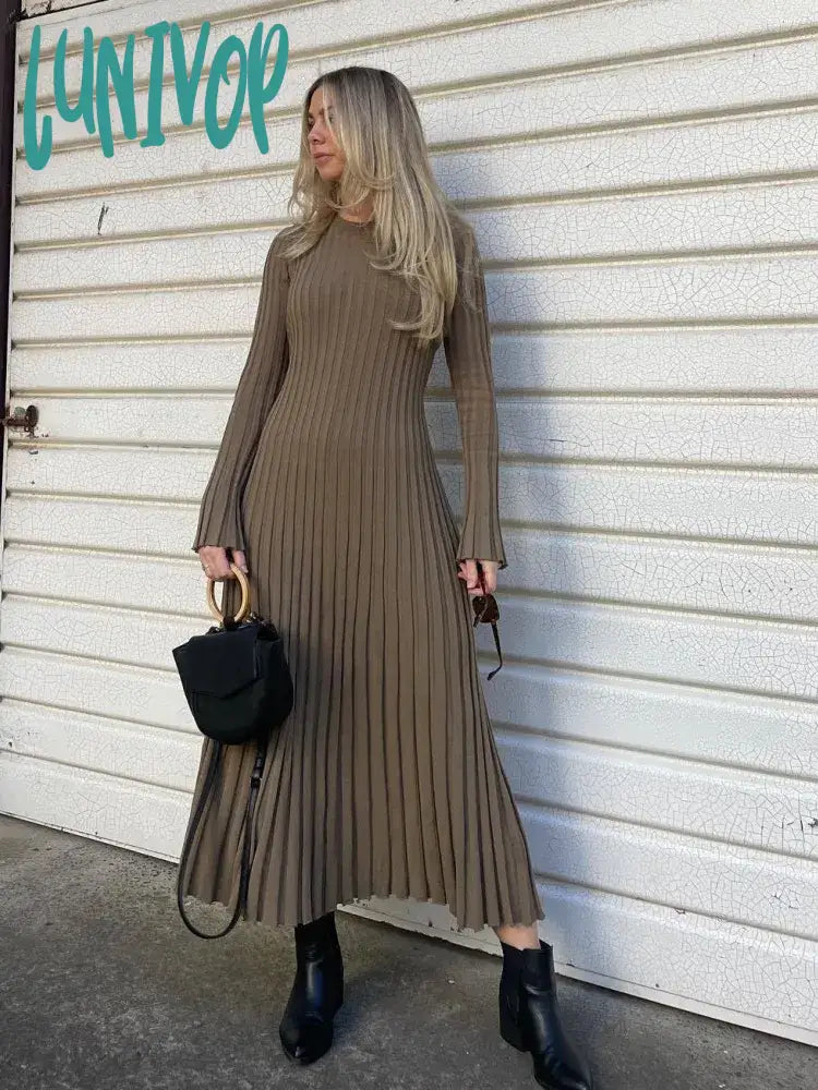 Lunivop  New Elegant Knit Soft Pleated Women Dress Winter Fashion O-neck Lace-Up White Black Sweater Dress Female Chic Party Dress Graphic Sweater Embroidered Appliqued