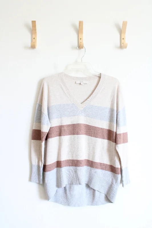 LOFT Tan Striped Soft Slouchy Knit V-Neck Sweater | S Bright Pastel Dark