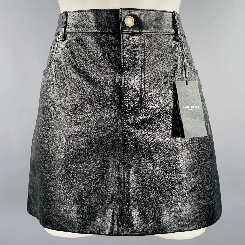 SAINT LAURENT Size 10 Black Calfskin Leather Mini Skirt silk skirt elegant