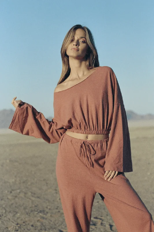 BARE BY CHARLIE HOLIDAY THE LOUNGE SWEATER - TERRACOTTA Silk Blend Satin Velvet
