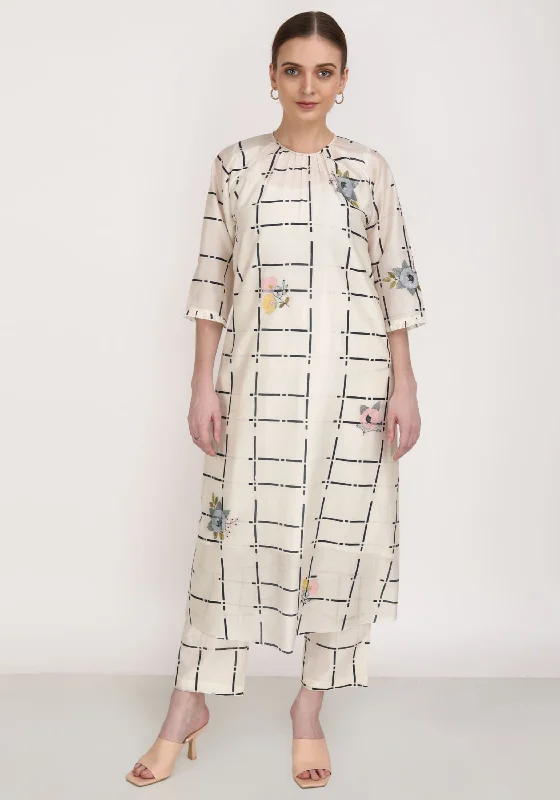 Ivory And Indigo Checks Chanderi Tunic And Checks Pant Slim-Fit Leggings