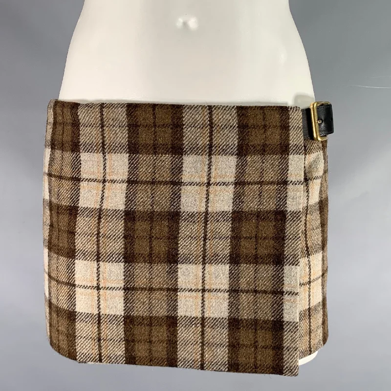MIU MIU Size 2 Beige Brown Wool Blend Plaid Leather Mini Skirt low waist skirt