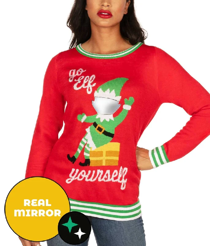 Women's Go Elf Yourself Ugly Christmas Sweater Collared Crew Neck Turtle Neck