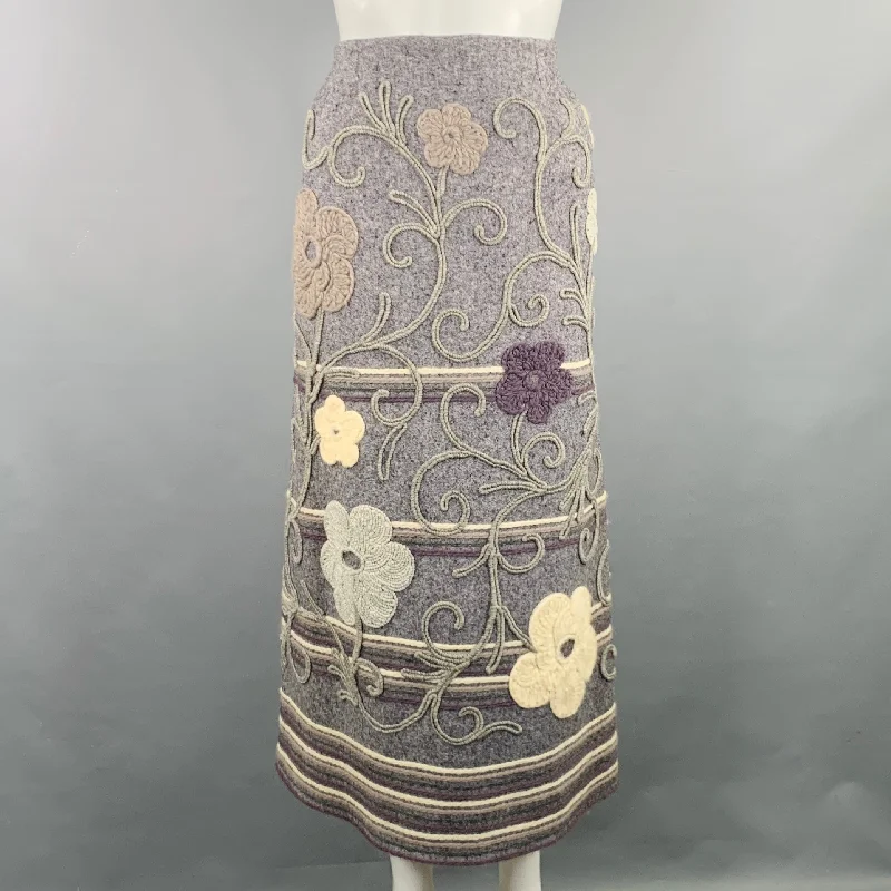 GEOFFREY BEENE 1970s Size XS Grey Embroidered Flowers A-Line Skirt lace skirt romantic