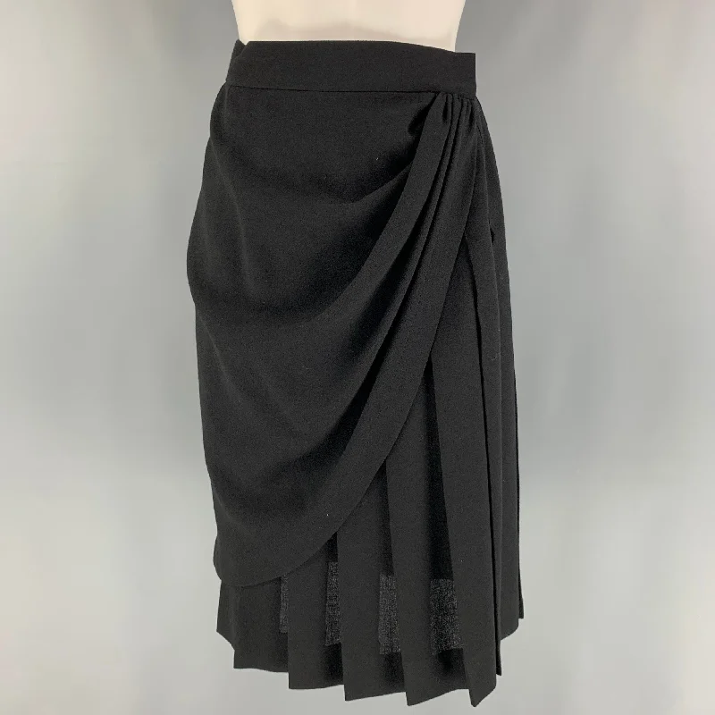 YVES SAINT LAURENT Rive Gauche Size 6 Black Wool Pleated Wrap Below Knee Skirt silk skirt elegant