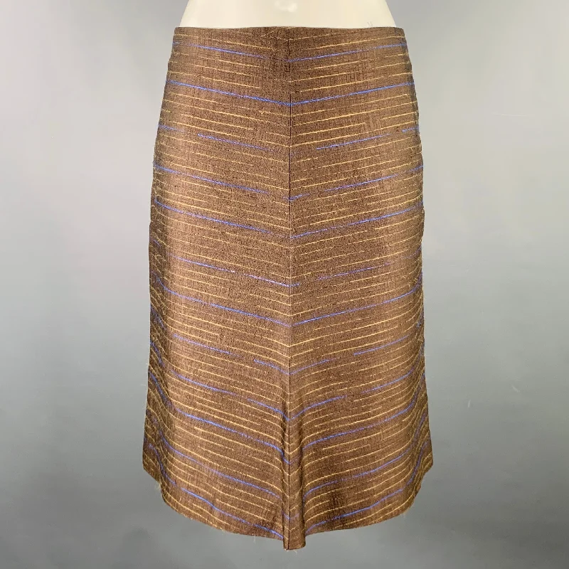 MARNI Size S Brown Blue Tan Silk Stripe A-Line Skirt cashmere skirt soft