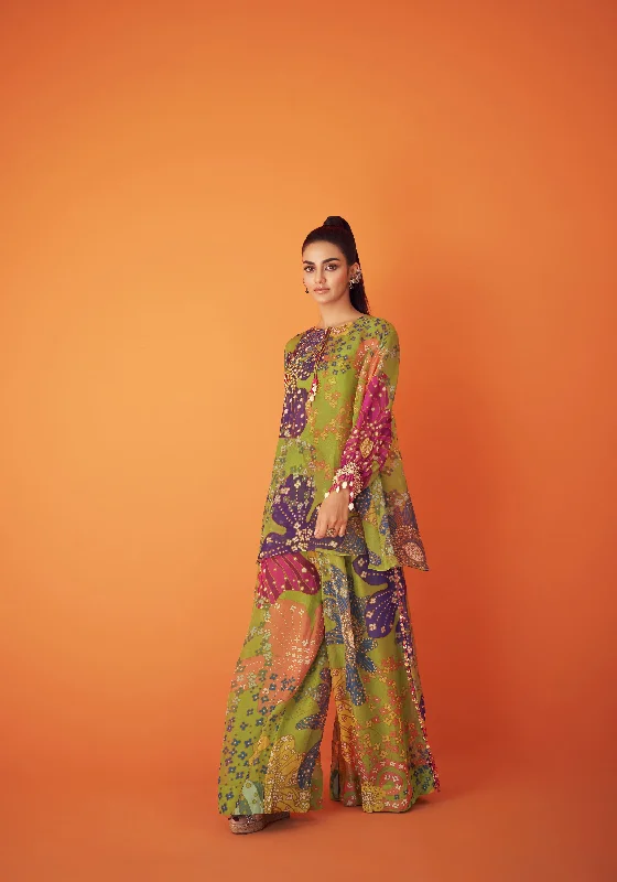 Green Printed Organza Pant Set Comfortable Jogging Pants