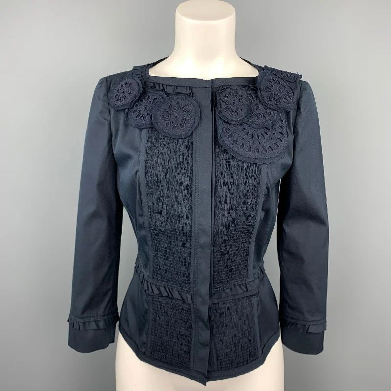PRADA Size 8 Navy Eyelet Cotton Collarless Jacket Faux Fur Fabric Real Fur Fabric Shearling Fabric PRADA Size 8 Navy Eyelet Cotton Collarless Jacket Faux Fur Fabric Real Fur Fabric Shearling Fabric
