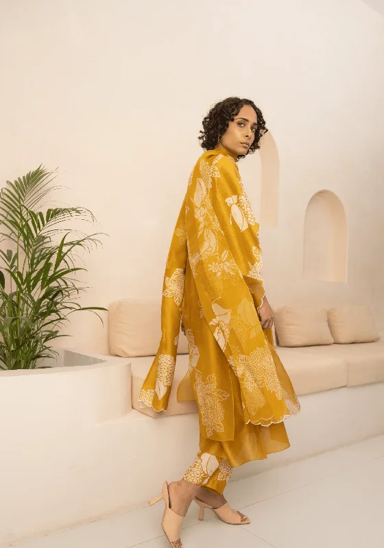 Ochre Floral Double Layered Tunic And Pant With Dupatta Stylish Harem Pants