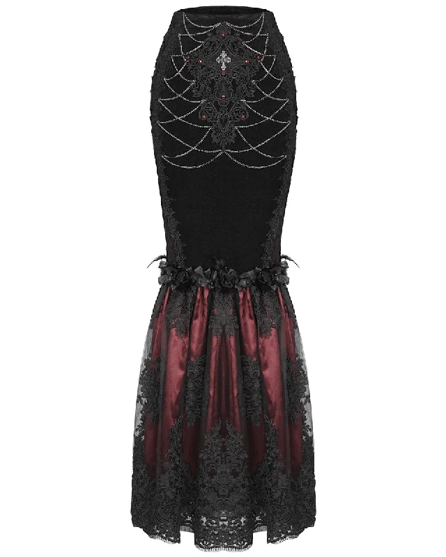 Eva Lady Dark Devore Baroque Gothic Velvet Chained Mermaid Skirt - Black & Red cashmere skirt soft