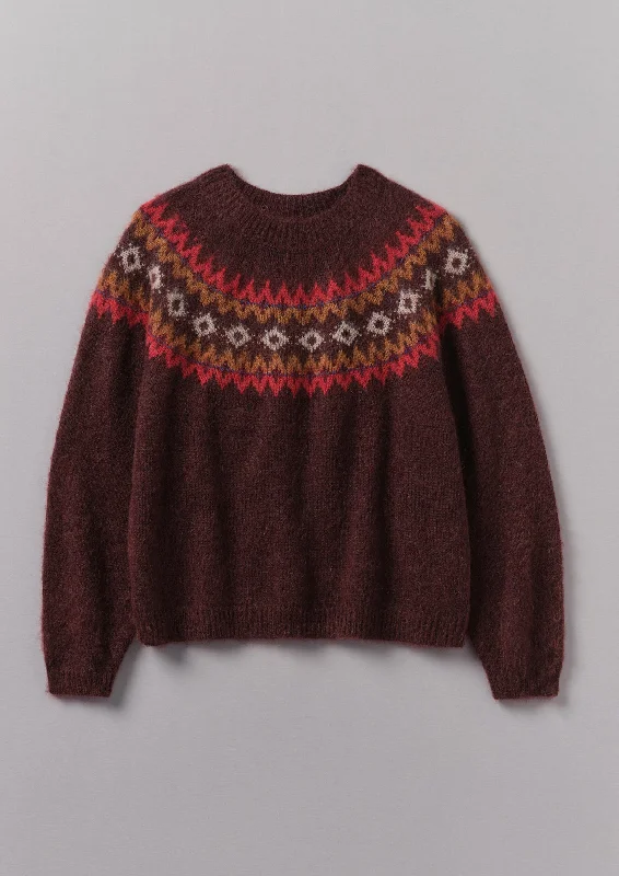 Fair Isle Yoke Mohair Blend Easy Sweater | Red Multi Terry Terry Cloth Terry Knit