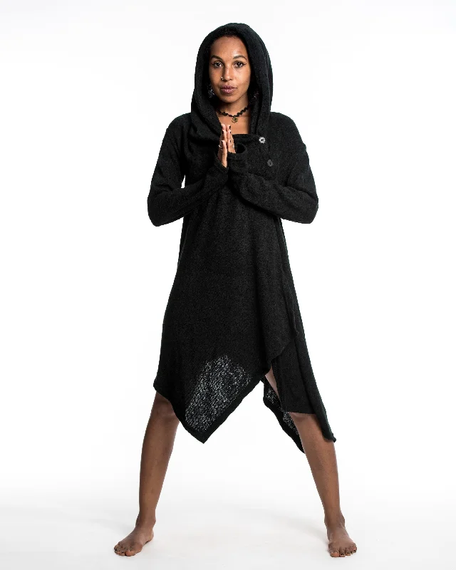 Hooded Pixie Sweater Dress in Black Embroidered Appliqued Beaded