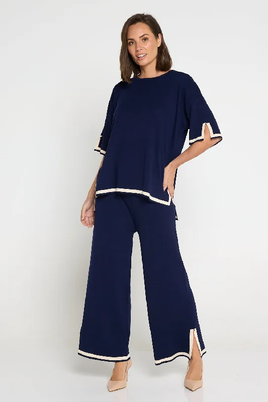 Regina Knit Top and Pant Set - Navy/Cream Comfy Zip-Up Pants