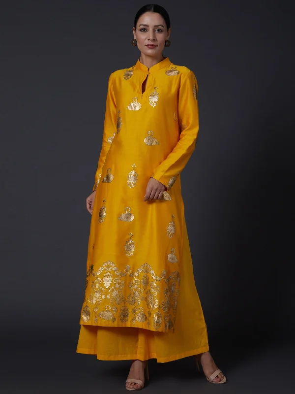 Yellow Printed Kurta With Pants Relaxed Fit Trousers