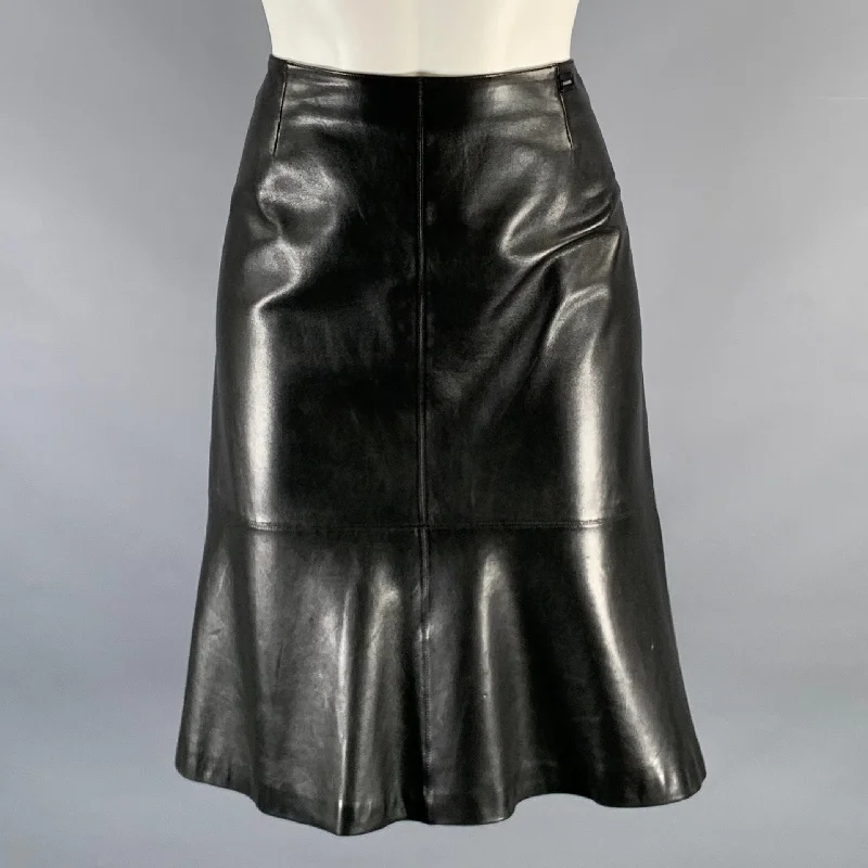 CHANEL Size 6 Black Leather Trumpet Below Knee Skirt athletic skirt fit