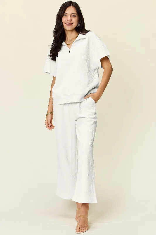 Hazel Blues® | Double Take Texture Half Zip Short Sleeve Top and Pants Set High-Waist Yoga Pants Hazel Blues® | Double Take Texture Half Zip Short Sleeve Top and Pants Set High-Waist Yoga Pants