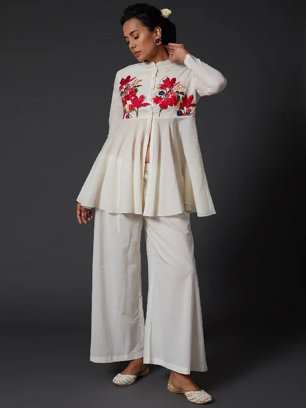 Ivory Embroidered Peplum Top With Palazzo Pants Comfy Athletic Pants