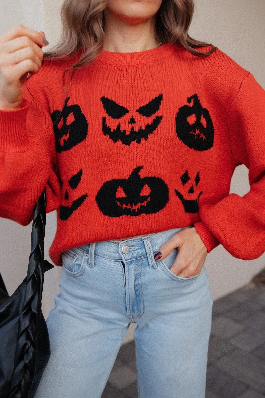 Pumpkin Pattern Round Neck Sweater Long Sweater Short Sweater Cropped Sweater