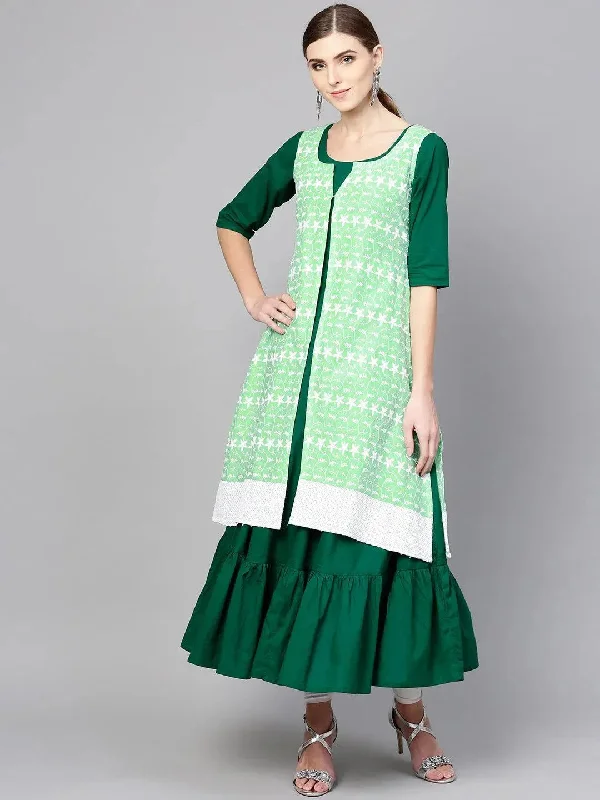 Dark Green Solid Cotton Kurta With Jacket Zippered Front Buttoned Front Snap Front