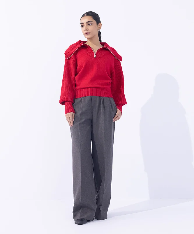 Ribbed Sweater with Exaggerated Collar Front Pockets Side Pockets Patch Pockets