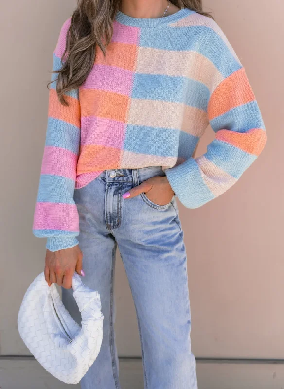 Joyful Striped Color Block Spring Sweater | S-XL Striped Floral Plaid