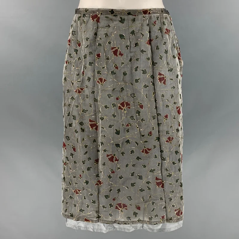AGNÈS B. Size 6 Grey Green & Red Silk Abstract Floral A-Line Skirt wool skirt sturdy