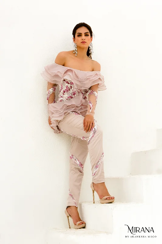 La Rosa- Ruffled Peplum Top Pants Cord Set Trendy Printed Leggings