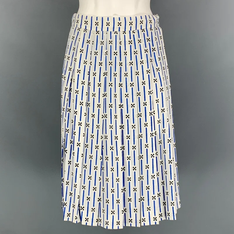 PRADA Size 4 White Blue Viscose Elastane Stripe Pleated Mid-Calf Skirt high slit skirt PRADA Size 4 White Blue Viscose Elastane Stripe Pleated Mid-Calf Skirt high slit skirt
