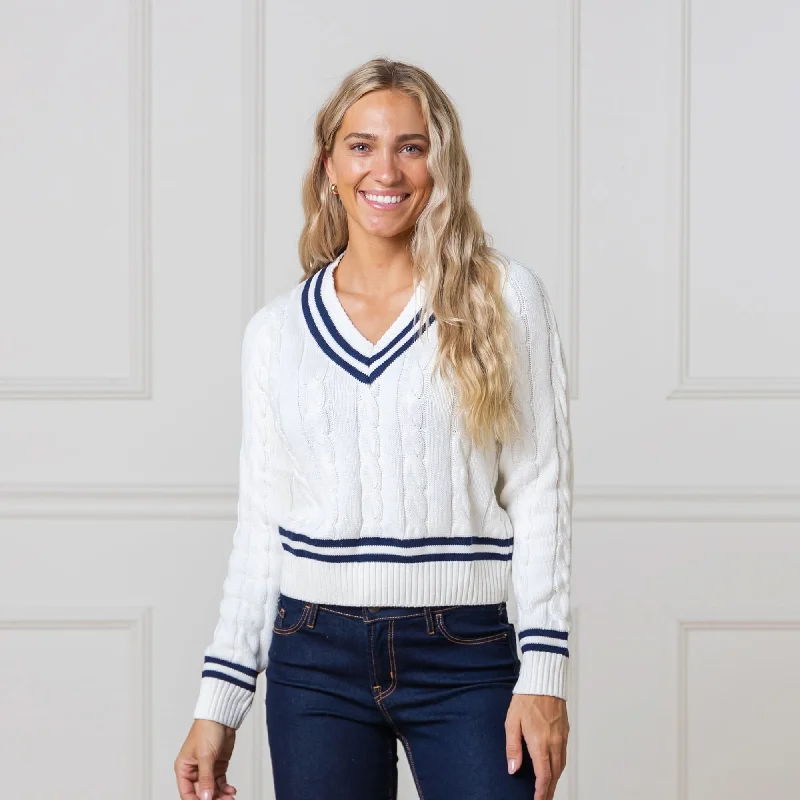 V-Neck Cricket Sweater Solid Print Embellished