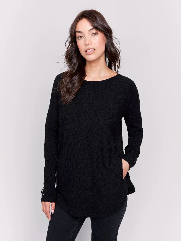 LACE-UP DETAIL SWEATER W/POCKETS - BLACK Print Jacquard Patchwork