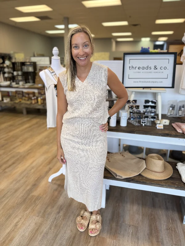 BEIGE KNITTED TOP + SKIRT SET chiffon skirt delicate
