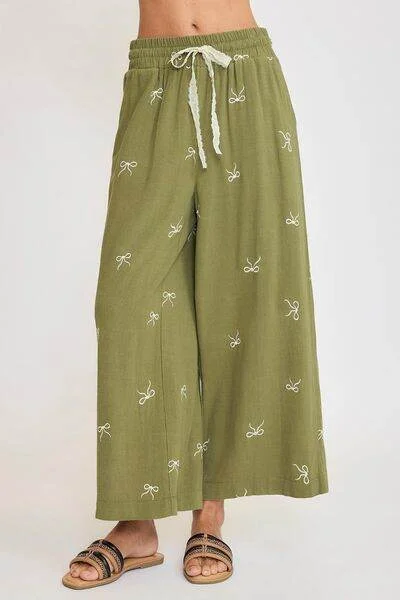 Umgee Lace Drawstring Embroidered Bow Wide Leg Pants Plus Size Relaxed Lounge Trousers Umgee Lace Drawstring Embroidered Bow Wide Leg Pants Plus Size Relaxed Lounge Trousers