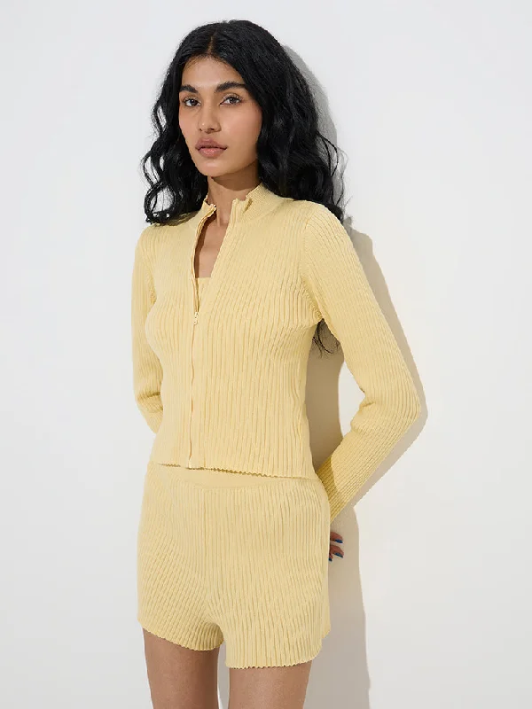 Superstar Yellow Ribbed-Textured Cotton Jacket Welt Pockets Slit Pockets Flap Pockets Superstar Yellow Ribbed-Textured Cotton Jacket Welt Pockets Slit Pockets Flap Pockets