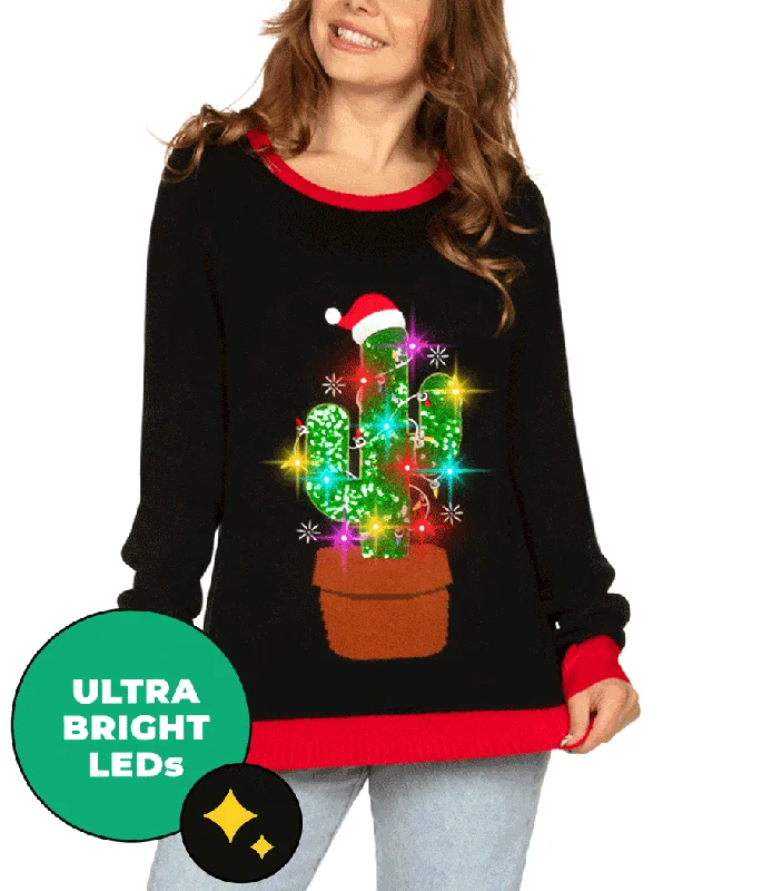 Women's Cactus Tree Light Up Ugly Christmas Sweater Real Fur Shearling Chenille