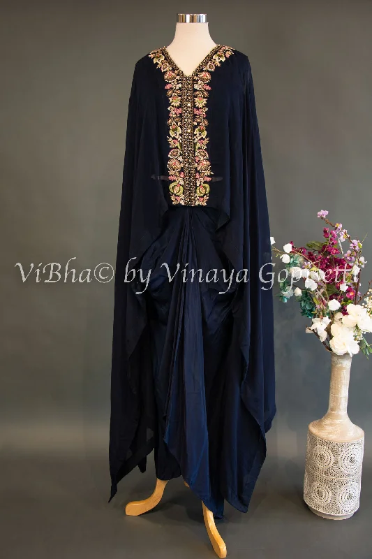 Navy Blue Cowl Skirt With Sleeveless Top And Detachable Embroidered Cape tiered skirt playful
