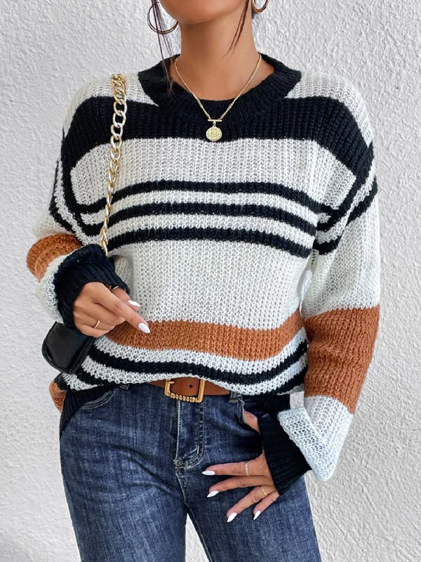 Contrast Striped Round Neck Long Sleeve Sweater Terry Terry Cloth Terry Knit